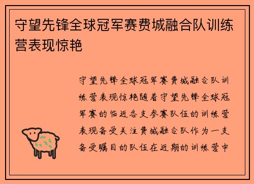 守望先锋全球冠军赛费城融合队训练营表现惊艳